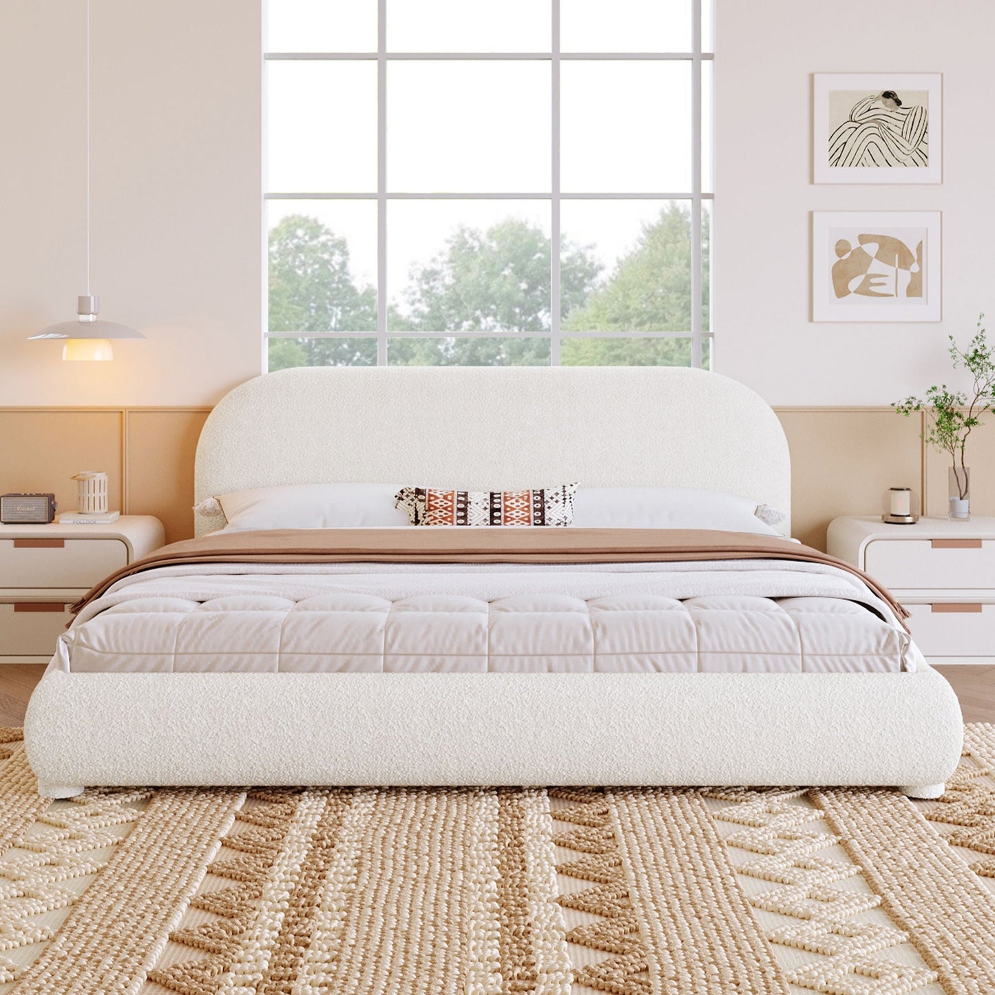 Upholstered bed with curved headboard in cream fabric, modern minimalist bedroom setting on Tampa Home & Garden Store