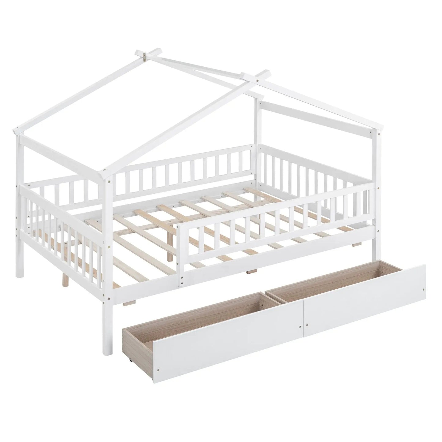 House Bed With 2 Drawers, white wooden storage bed with house roof frame and two drawers on Tampa Home & Garden Store