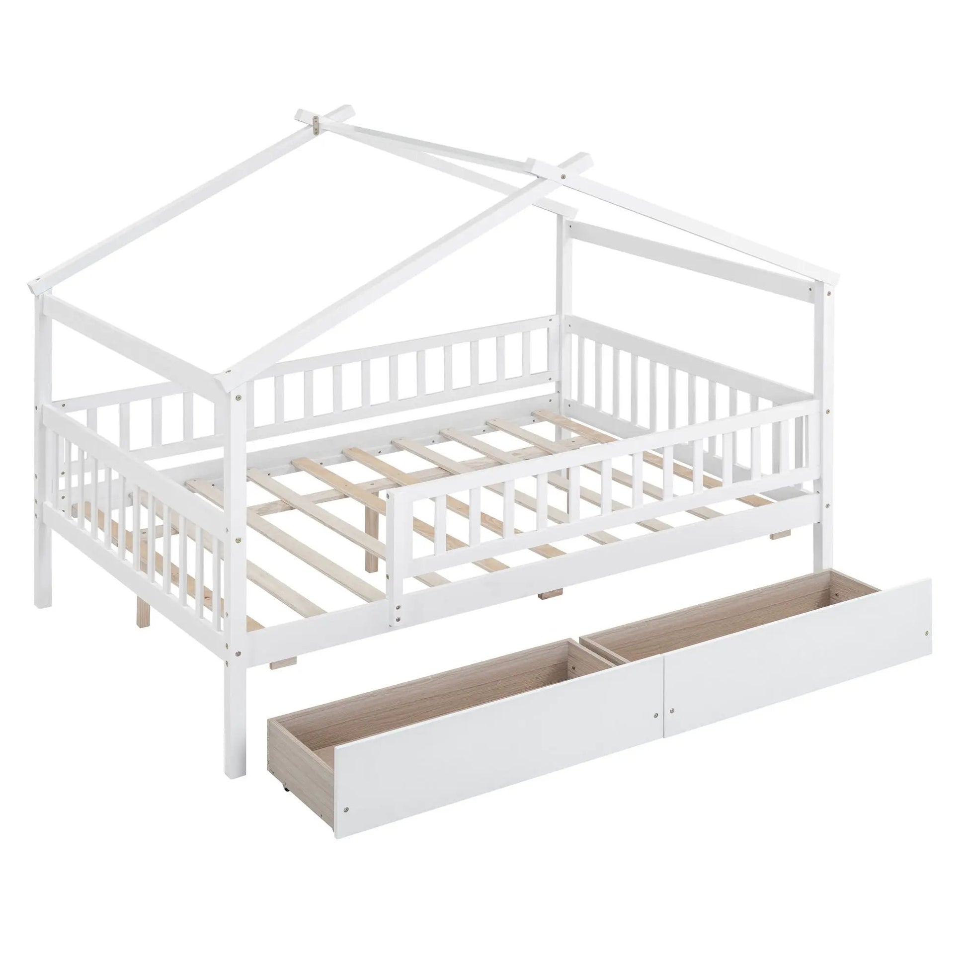 House Bed With 2 Drawers, white wooden storage bed with house roof frame and two drawers on Tampa Home & Garden Store
