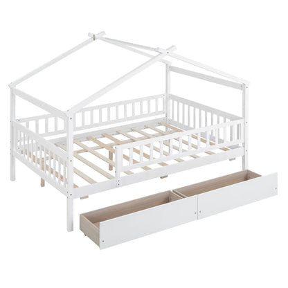 House Bed With 2 Drawers, white wooden storage bed with house roof frame and two drawers on Tampa Home & Garden Store