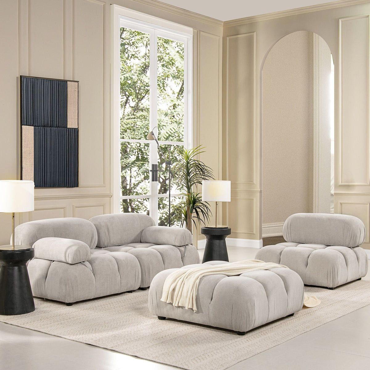 Bubble modular modern cocktail ottomans in tufted light gray fabric, group of six on Tampa Home & Garden Store