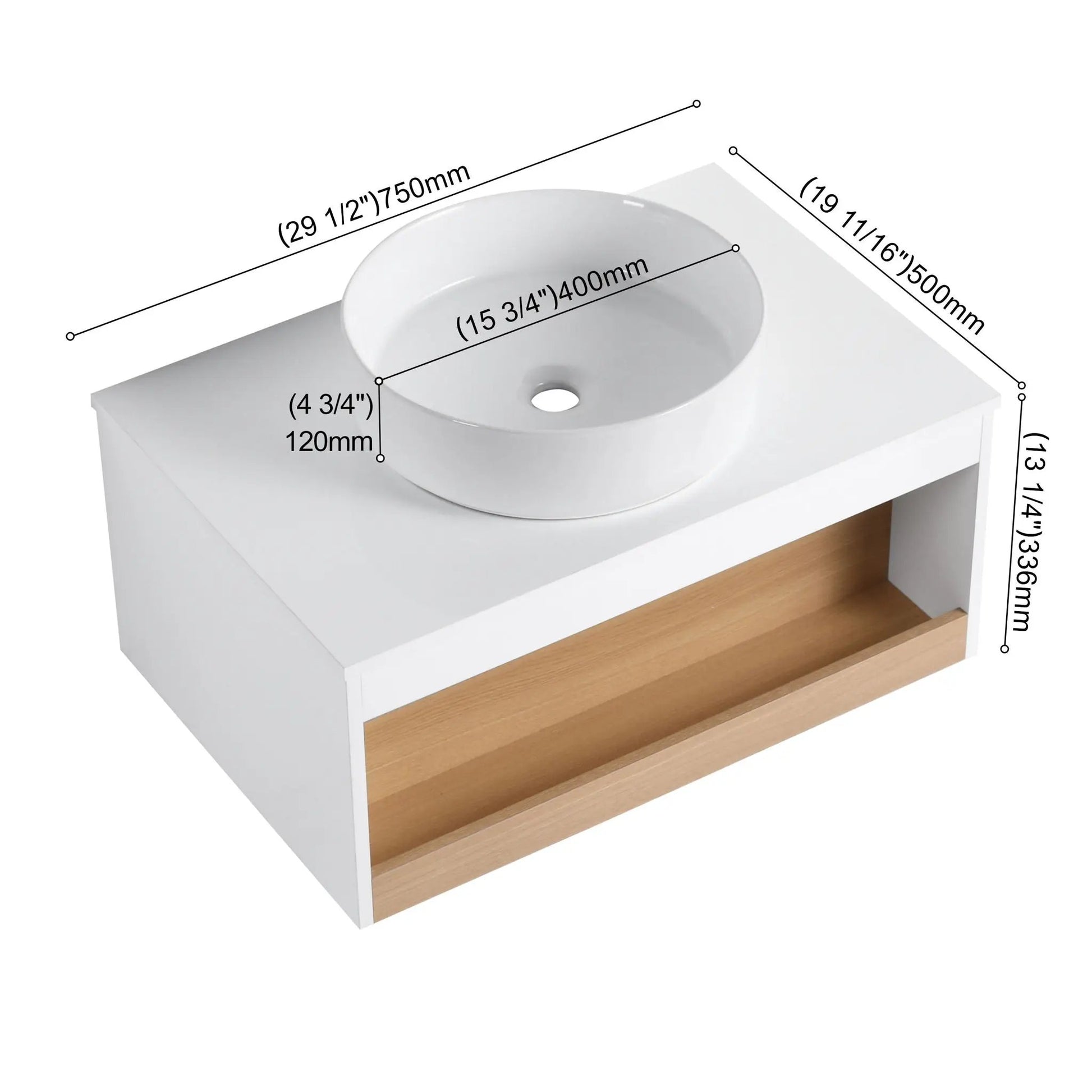 Floating white vanity with wood shelf and glossy round vessel sink by Unique Piece Furniture on Tampa Home & Garden Store