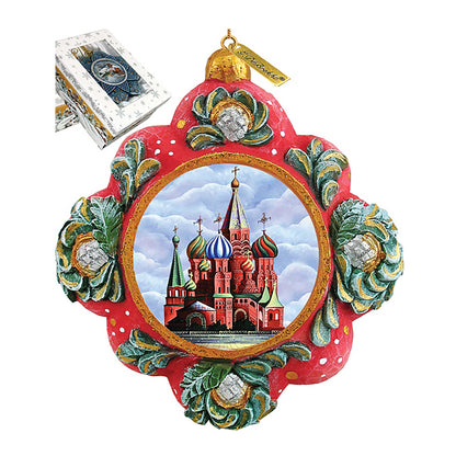 St Basil Cathedral sculpted hand-painted ornament by G. DeBrekht with red border on Tampa Home & Garden Store