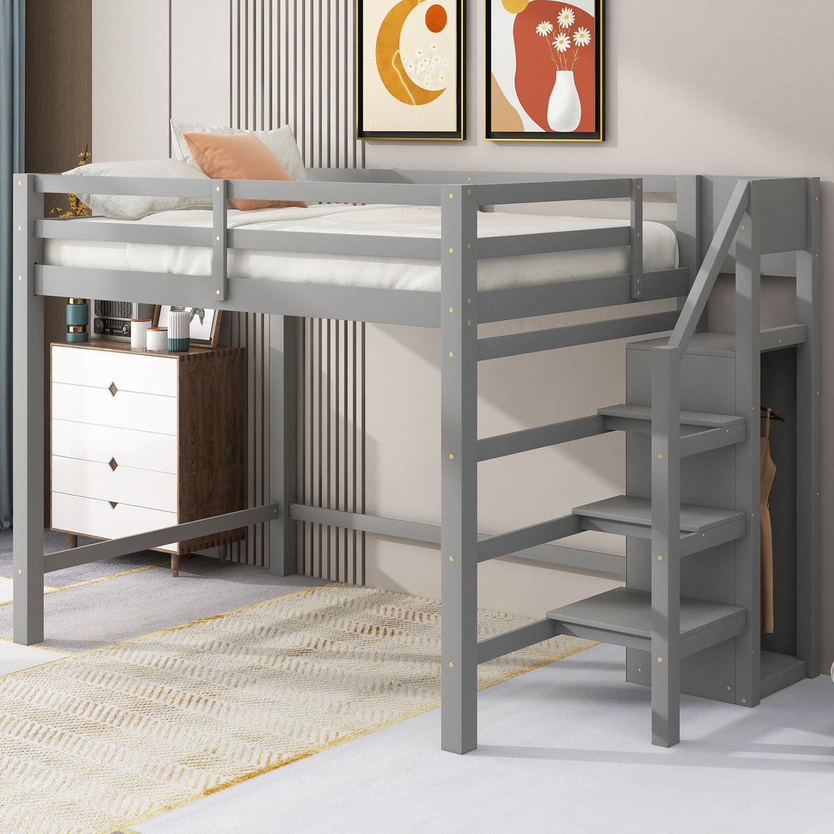 Loft bed with built-in storage wardrobe and staircase in gray wood HouseOfZazla on Tampa Home & Garden Store