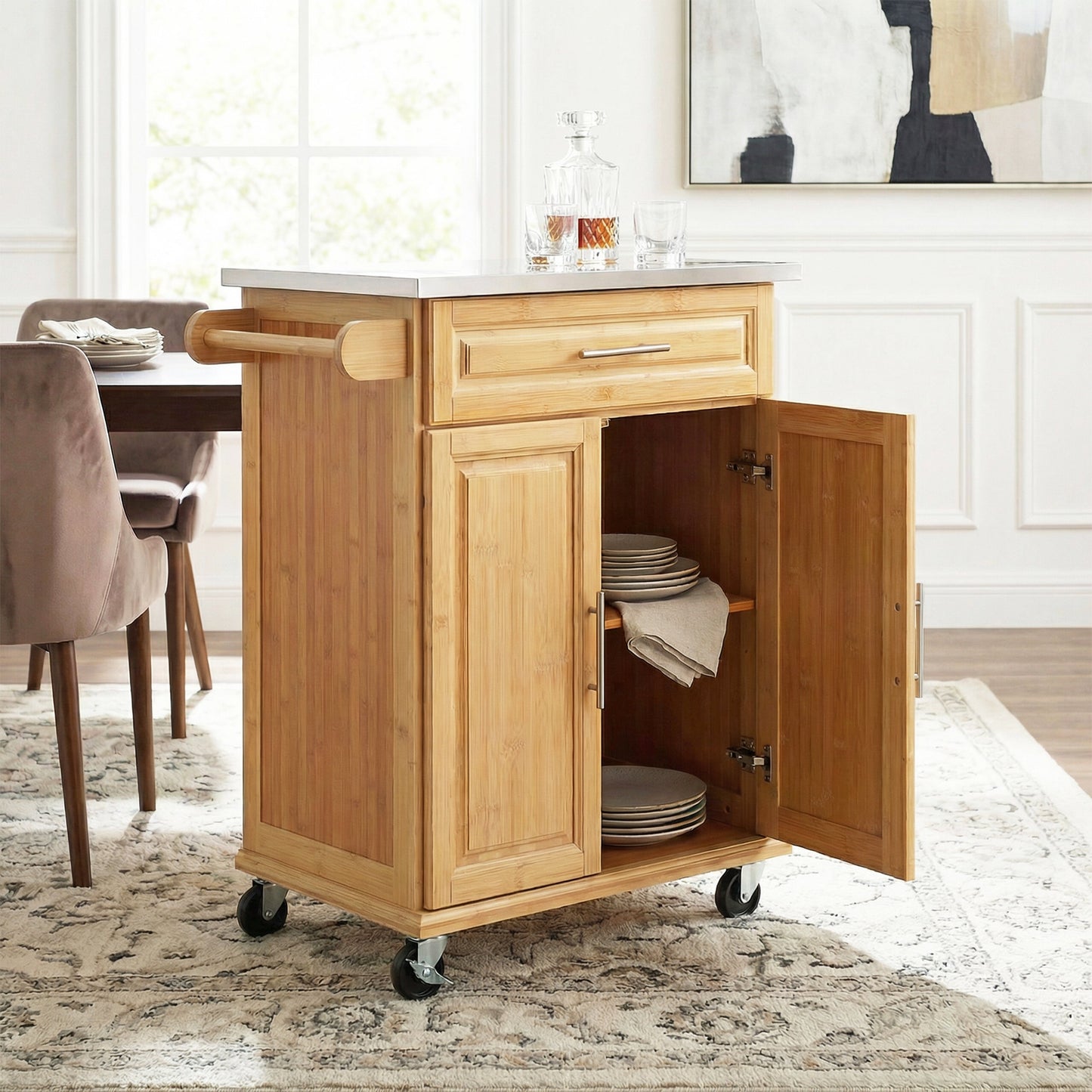 Compact Bamboo Kitchen Cart and Stainless Steel