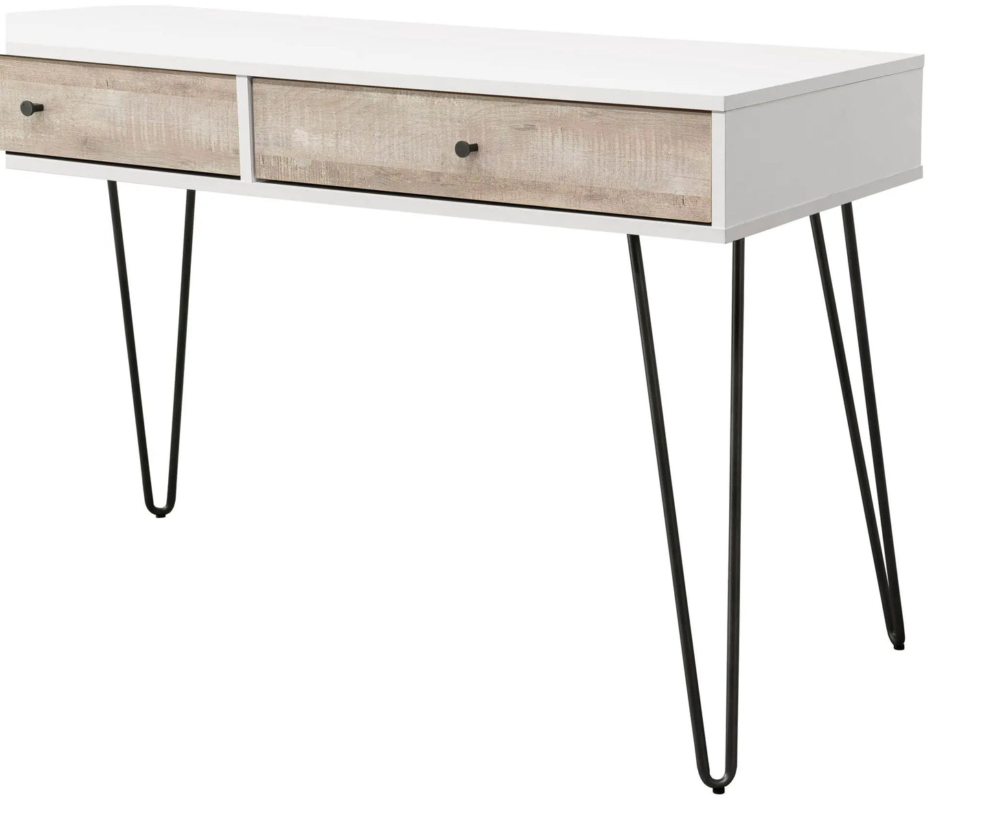 Taupe Oak Desk With Drawers and Metal Accents