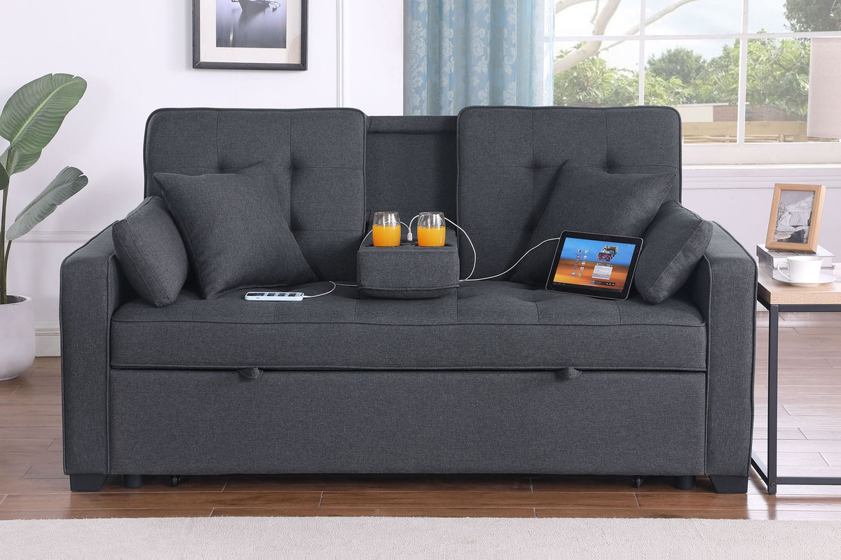 Convertible Sleeper Loveseat dark gray with cup holder and charging ports by HouseOfZazla on Tampa Home & Garden Store