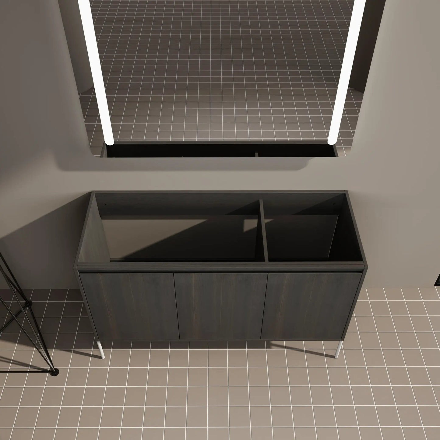 Freestanding bathroom vanity with soft-close cabinet doors in dark wood finish on Tampa Home & Garden Store