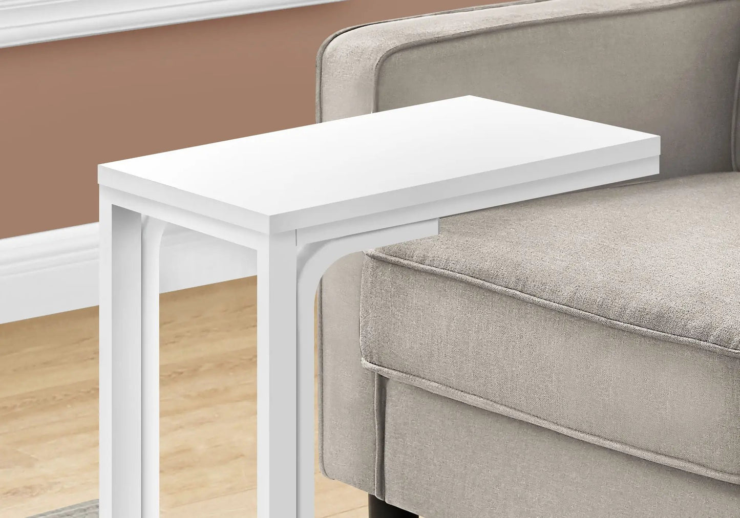 C-shaped white accent table, modern chairside design with details by Unique Piece Furniture on Tampa Home & Garden Store