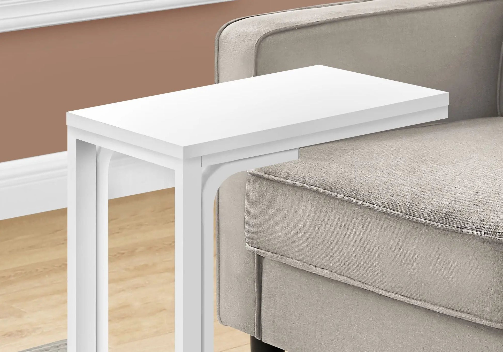 C-shaped white accent table, modern chairside design with details by Unique Piece Furniture on Tampa Home & Garden Store
