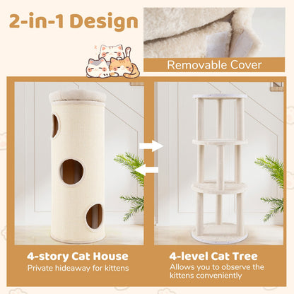 49 Inch Elevated Cat Cave 4-Story Cat House for Multiple Cats-Beige
