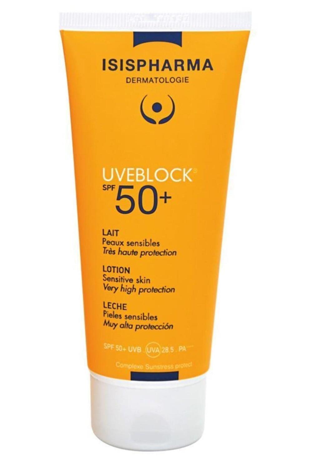 Isis Pharma Uveblock SPF 50+ sunscreen lotion orange tube non-greasy moisturizing formula on Tampa Home & Garden Store