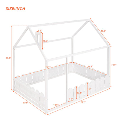 Full Size Wood Bed House Bed Frame with Fence for Kids (White)