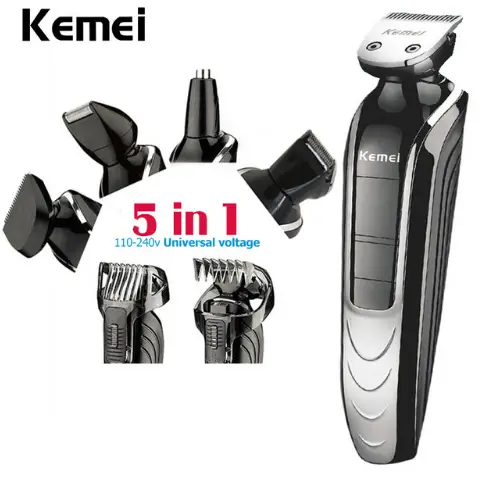 Kemei 5-in-1 rechargeable men's hair clipper kit, black and silver with attachments on Tampa Home & Garden Store