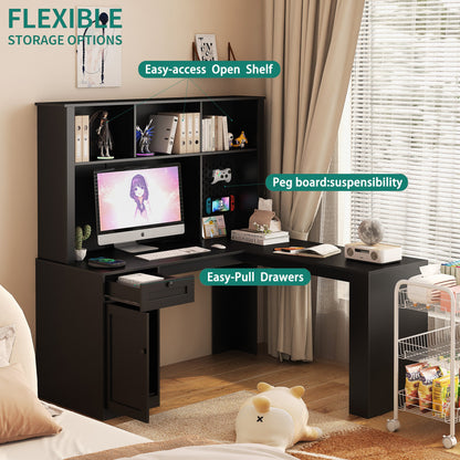 Writing desk with drawer bookshelf and charger, modern L-shaped desk with storage space, corner gaming computer desk - Tampa Home & Garden Store