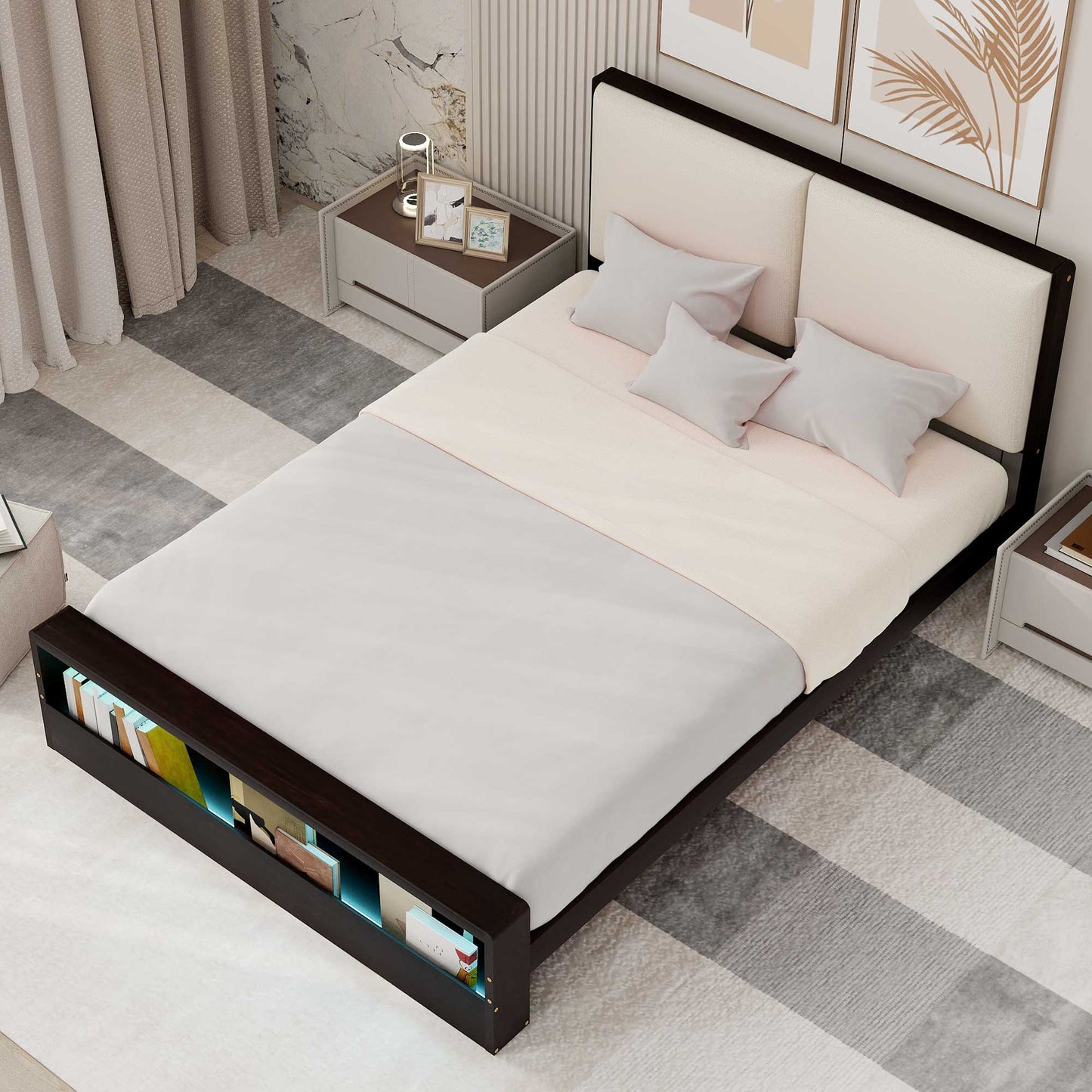 Queen Size Platform Bed Frame with Upholstery Headboard and Bookshelf in Footboard and LED Light Strips, Espresso - Tampa Home & Garden Store