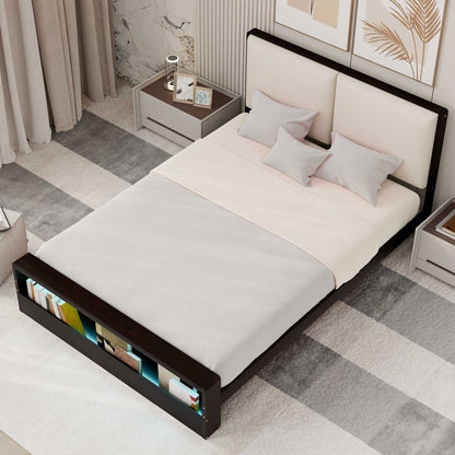Queen Size Platform Bed Frame with Upholstery Headboard and Bookshelf in Footboard and LED Light Strips, Espresso - Tampa Home & Garden Store