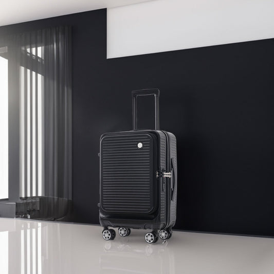 Valise Cabine 20 Pouces à Ouverture Avant, Bagage Léger avec Poche Avant et Port USB, 1 Valise de Transport Portable Noire