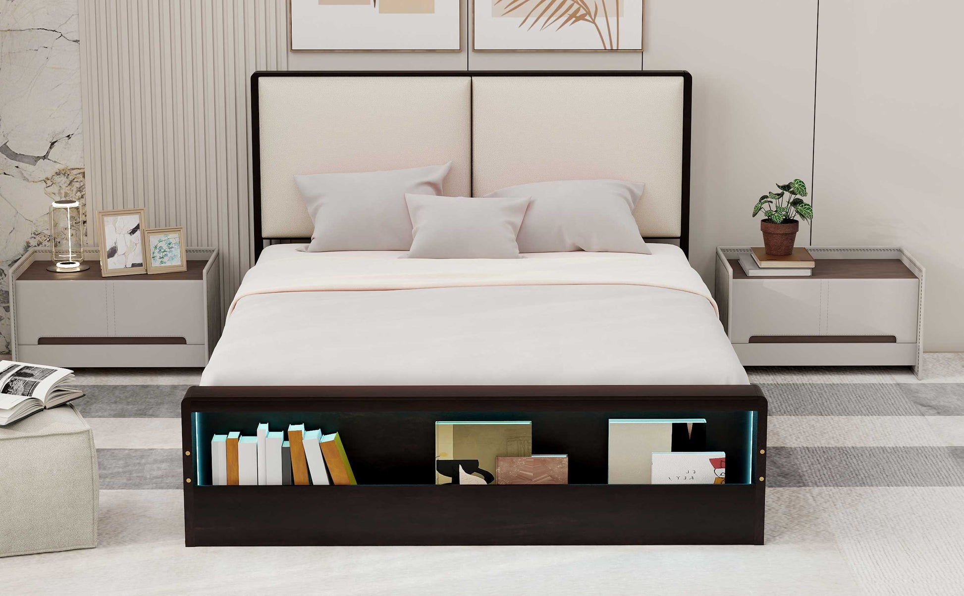 Queen Size Platform Bed Frame with Upholstery Headboard and Bookshelf in Footboard and LED Light Strips, Espresso - Tampa Home & Garden Store