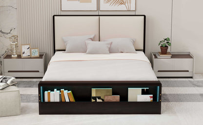 Queen Size Platform Bed Frame with Upholstery Headboard and Bookshelf in Footboard and LED Light Strips, Espresso - Tampa Home & Garden Store