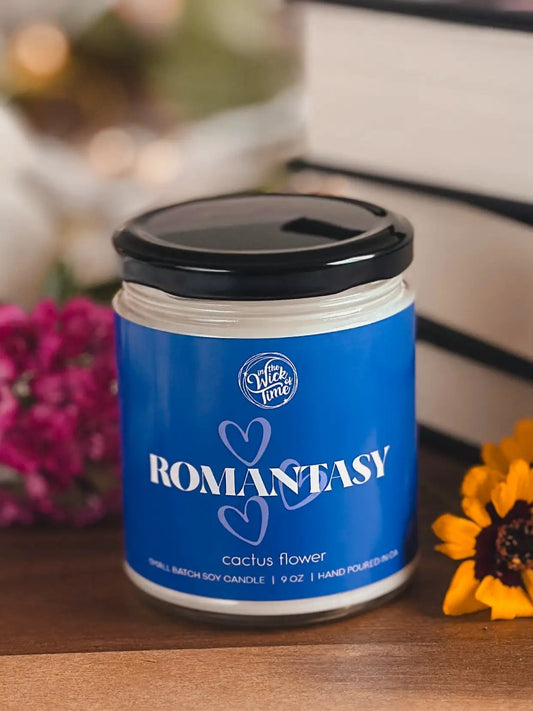 Romantasy Candle cactus flower citrus coconut by In the Wick of Time, blue jar soy candle on Tampa Home & Garden Store