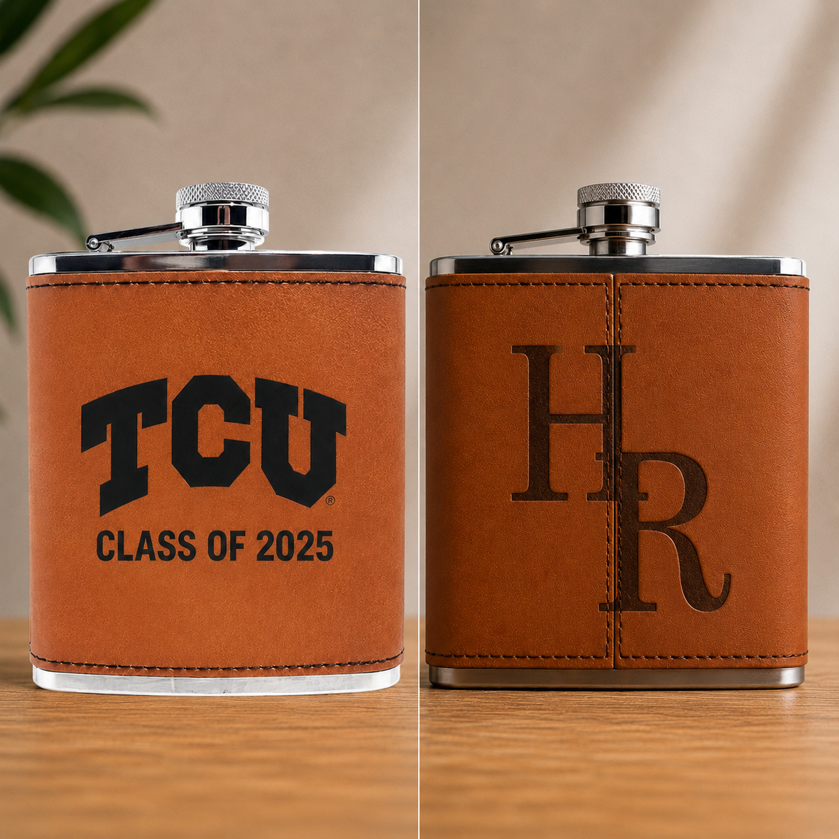 TCU Leather Flask by Ryan's Woodworking, tan leather wrap, chrome cap, logo + monogram on Tampa Home & Garden Store