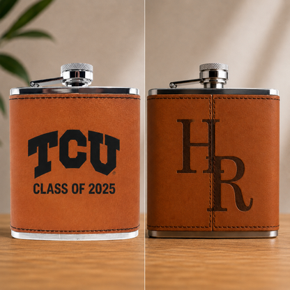 TCU Leather Flask by Ryan's Woodworking, tan leather wrap, chrome cap, logo + monogram on Tampa Home & Garden Store