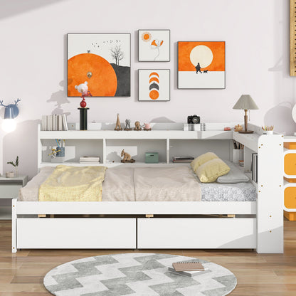 Full Bed with L-shaped Bookcases, Drawers ,White - Tampa Home & Garden Store