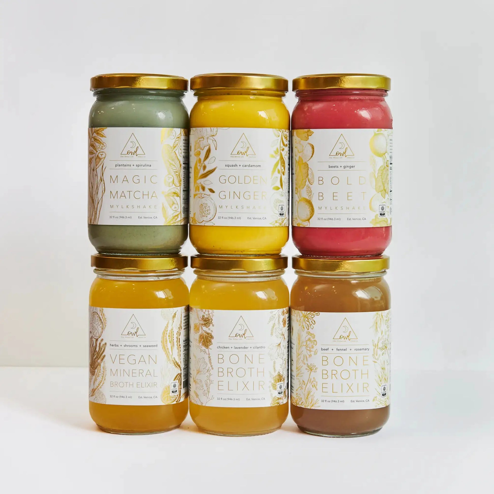 OWL Venice broth elixirs trio jars with green, yellow, and red liquids and gold lids on Tampa Home & Garden Store