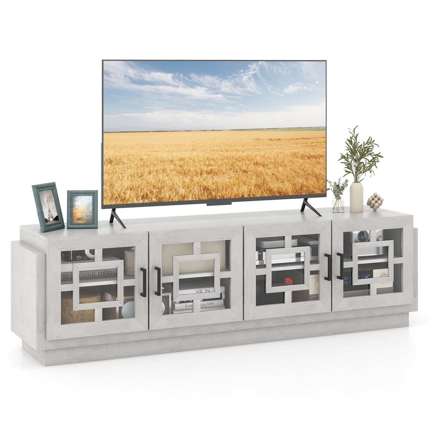 Mueble de TV de 4 puertas para televisores de hasta 75 pulgadas con estantes ajustables - Roble