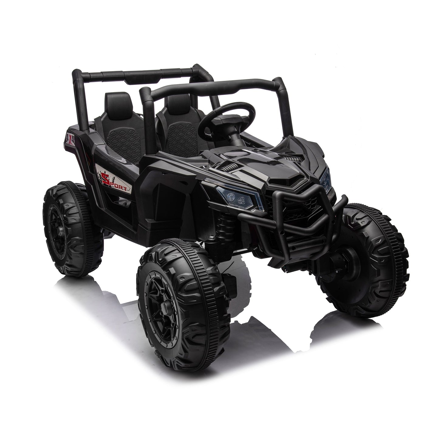Side-by-side 4x4 ride-on off-road truck black with two seats and rugged tires on Tampa Home & Garden Store