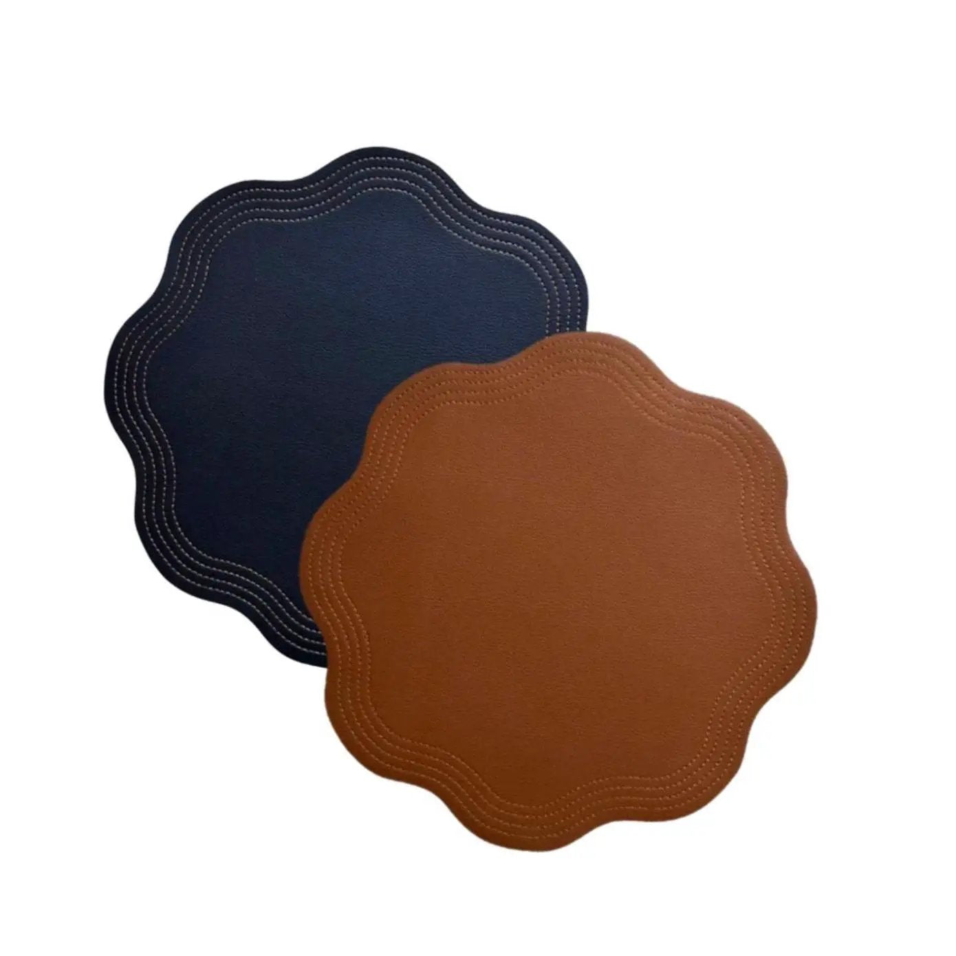 Double Sided Faux Leather Placemats set of 2 in navy blue and tan with scalloped stitched edge by Talah Home on Tampa Home & Garden Store