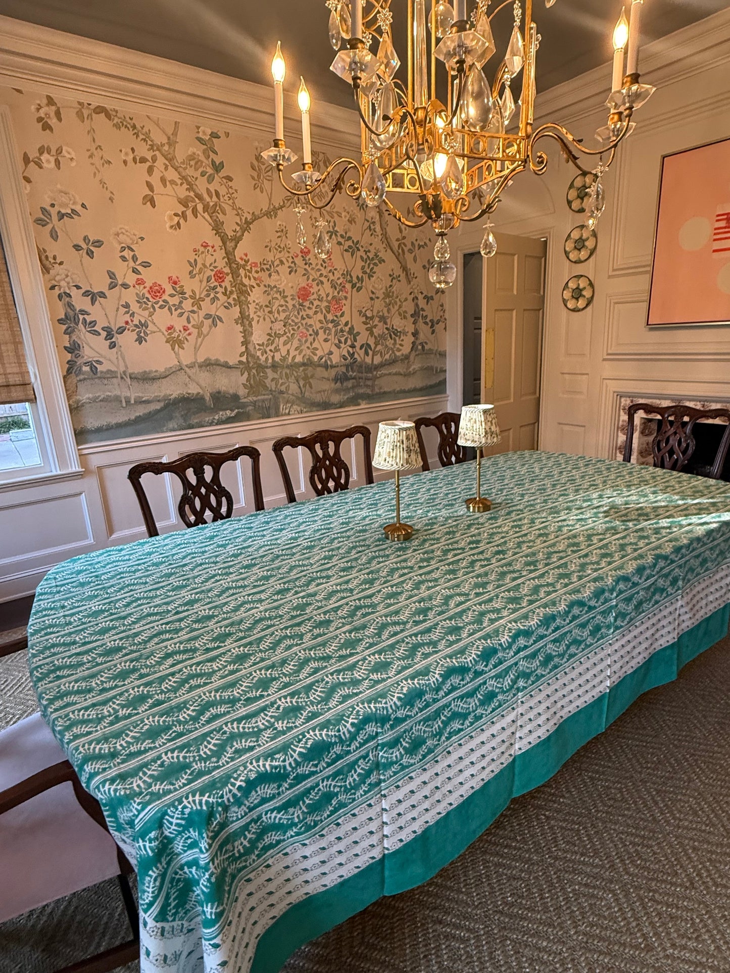 Emerald Bluebell Tablecloth by Erin Donahue Tice, emerald tablecloth with white leaf pattern on Tampa Home & Garden Store