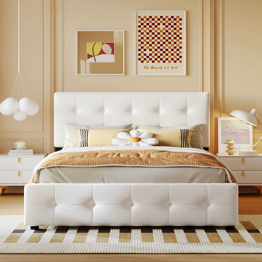 Upholstered platform bed with headboard and four drawers in a beige bedroom on Tampa Home & Garden Store