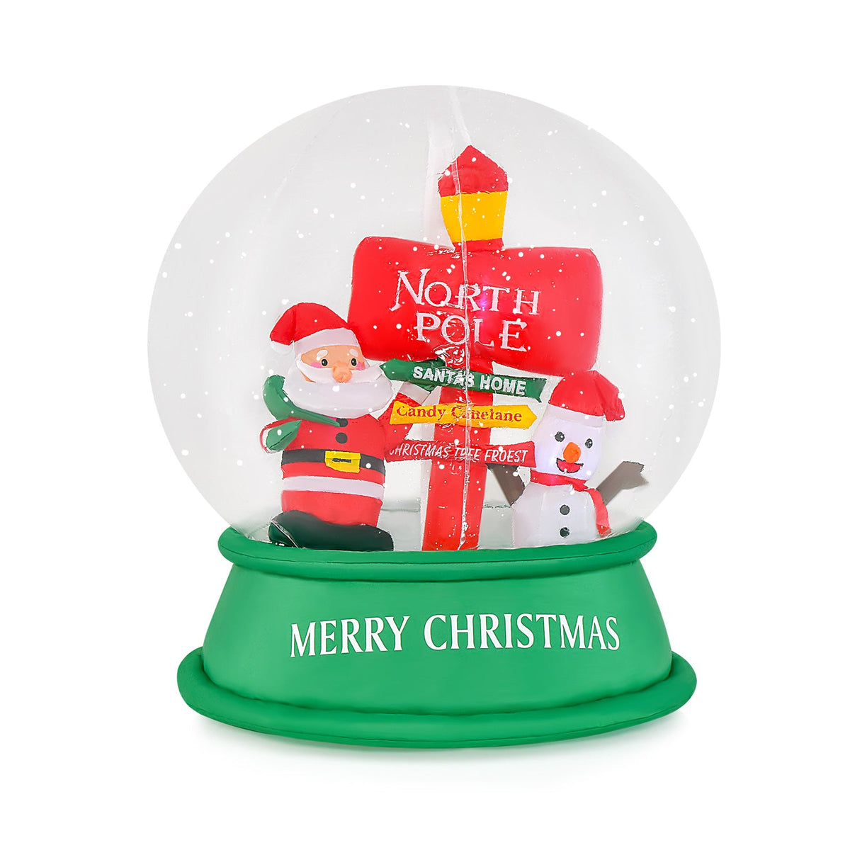 4 ft Christmas Inflatable Snow Globe with Santa and snowman figures, North Pole sign, green base on Tampa Home & Garden Store