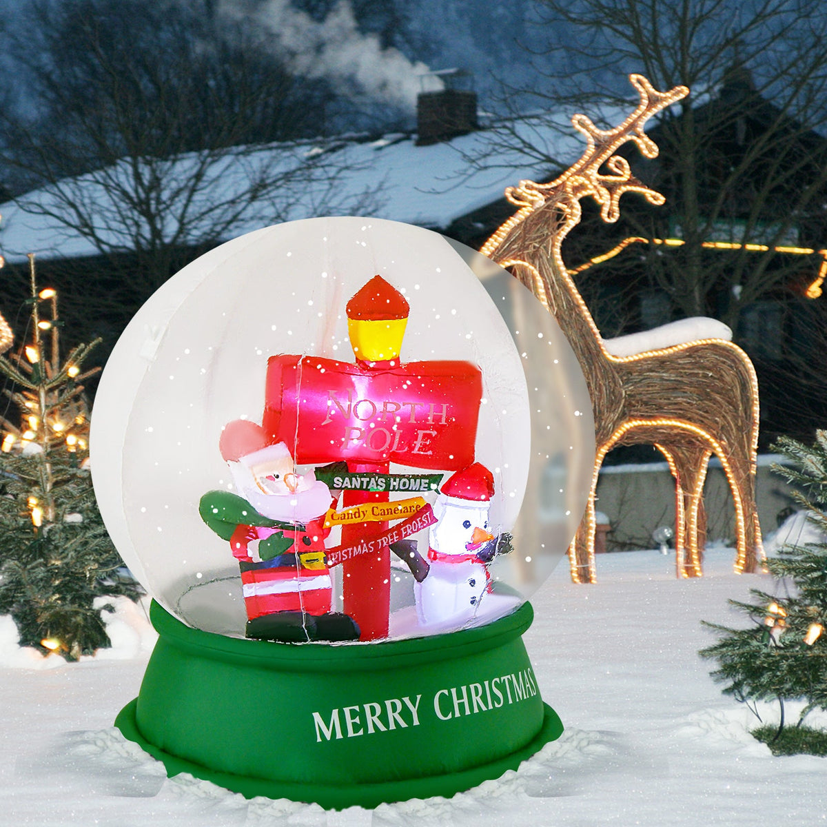 4 ft Christmas inflatable snow globe with Santa snowman road sign DirectDeals, green base on Tampa Home & Garden Store