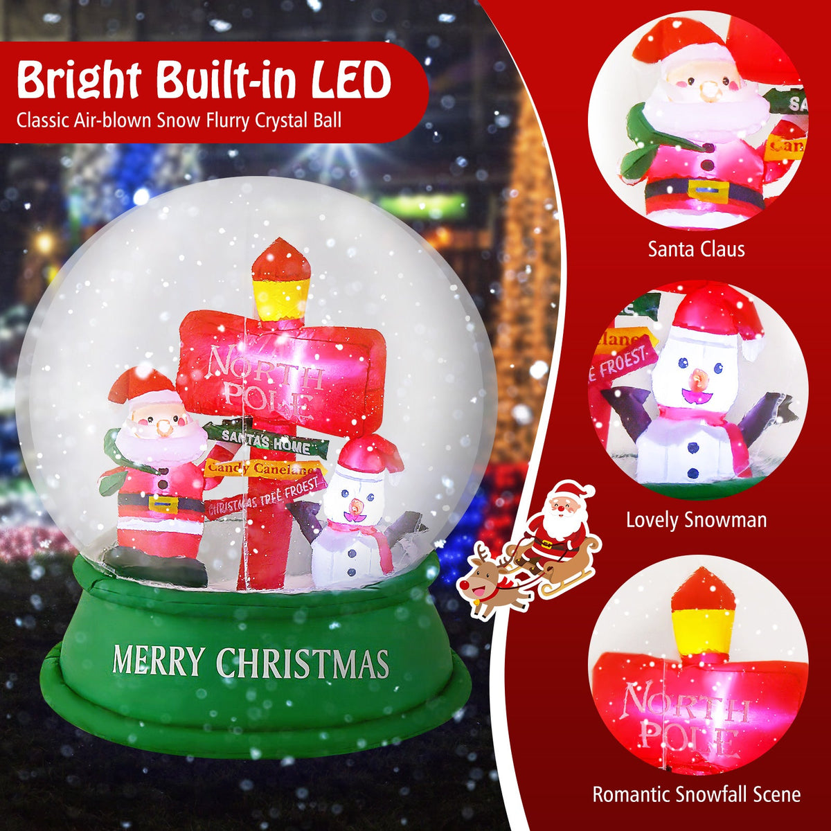 4 ft Christmas inflatable snow globe with Santa and snowman road sign, green base by DirectDeals on Tampa Home & Garden Store