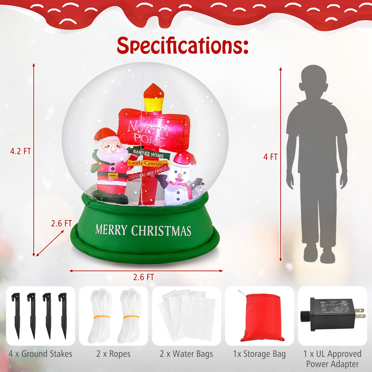 4 ft Christmas inflatable snow globe by DirectDeals with Santa and snowman on green base on Tampa Home & Garden Store