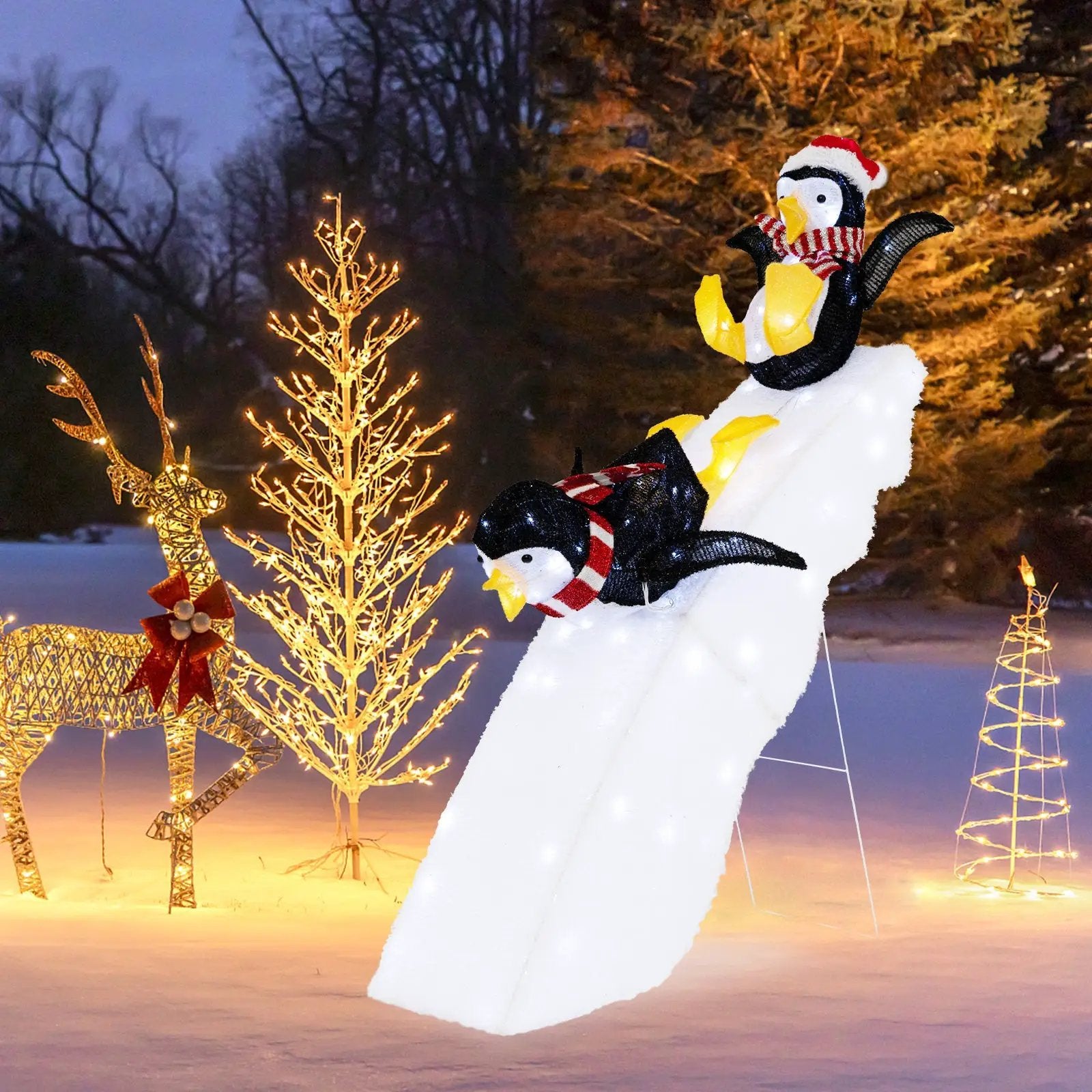 DirectDeals 4 ft Christmas penguin ice skating lawn ornament with snowy slide, two penguins on Tampa Home & Garden Store