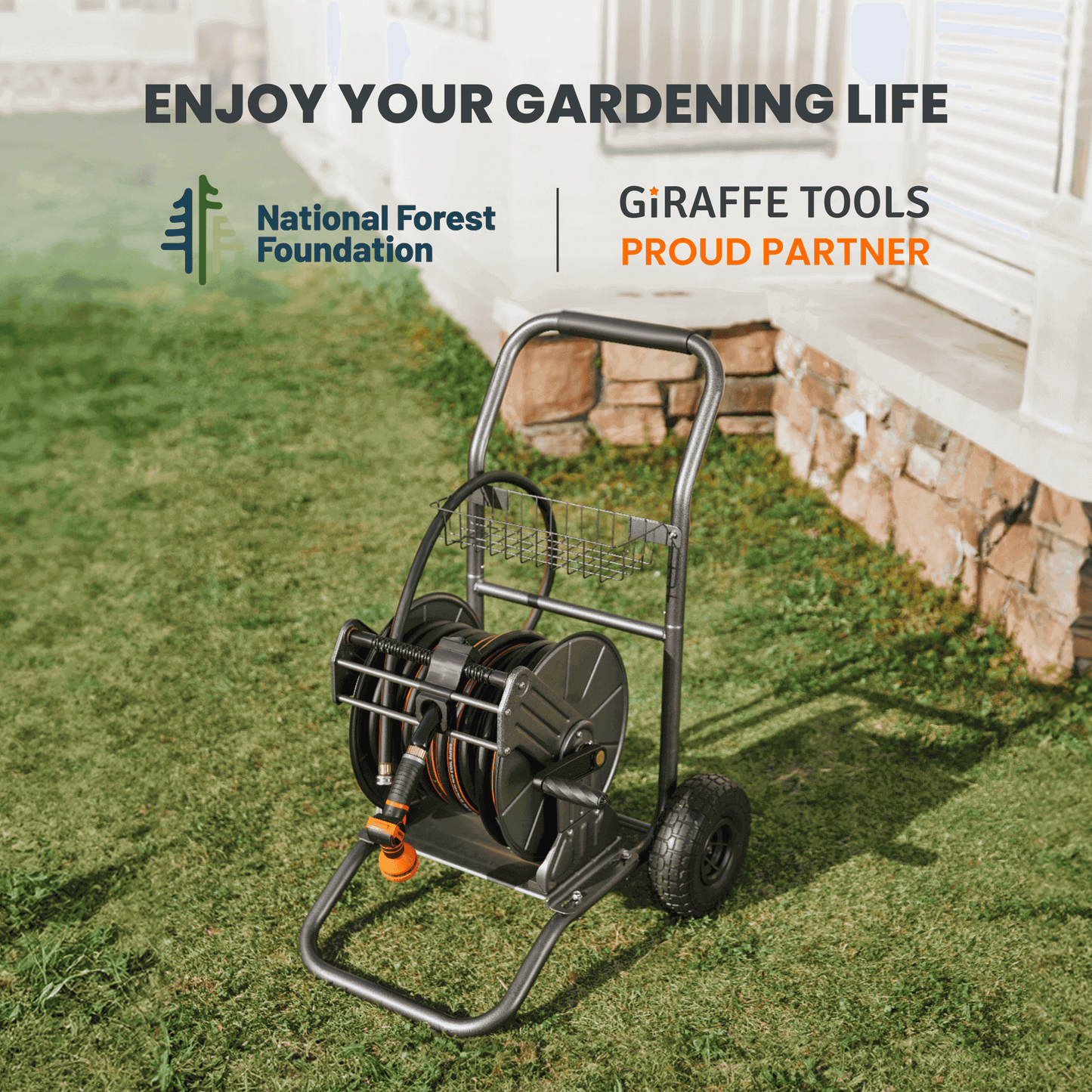 Carrete para manguera de jardín - 2 ruedas - Acero inoxidable - Resistente