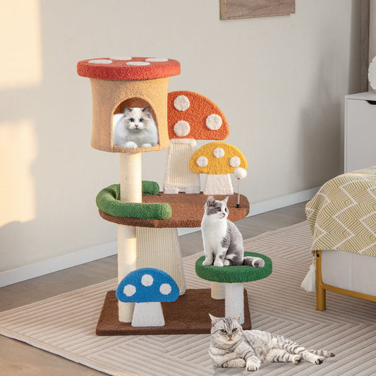 4-In-1 Mushroom Cat Tree with Condo Spring Ball and Sisal Posts-Multicolor - Tampa Home & Garden Store