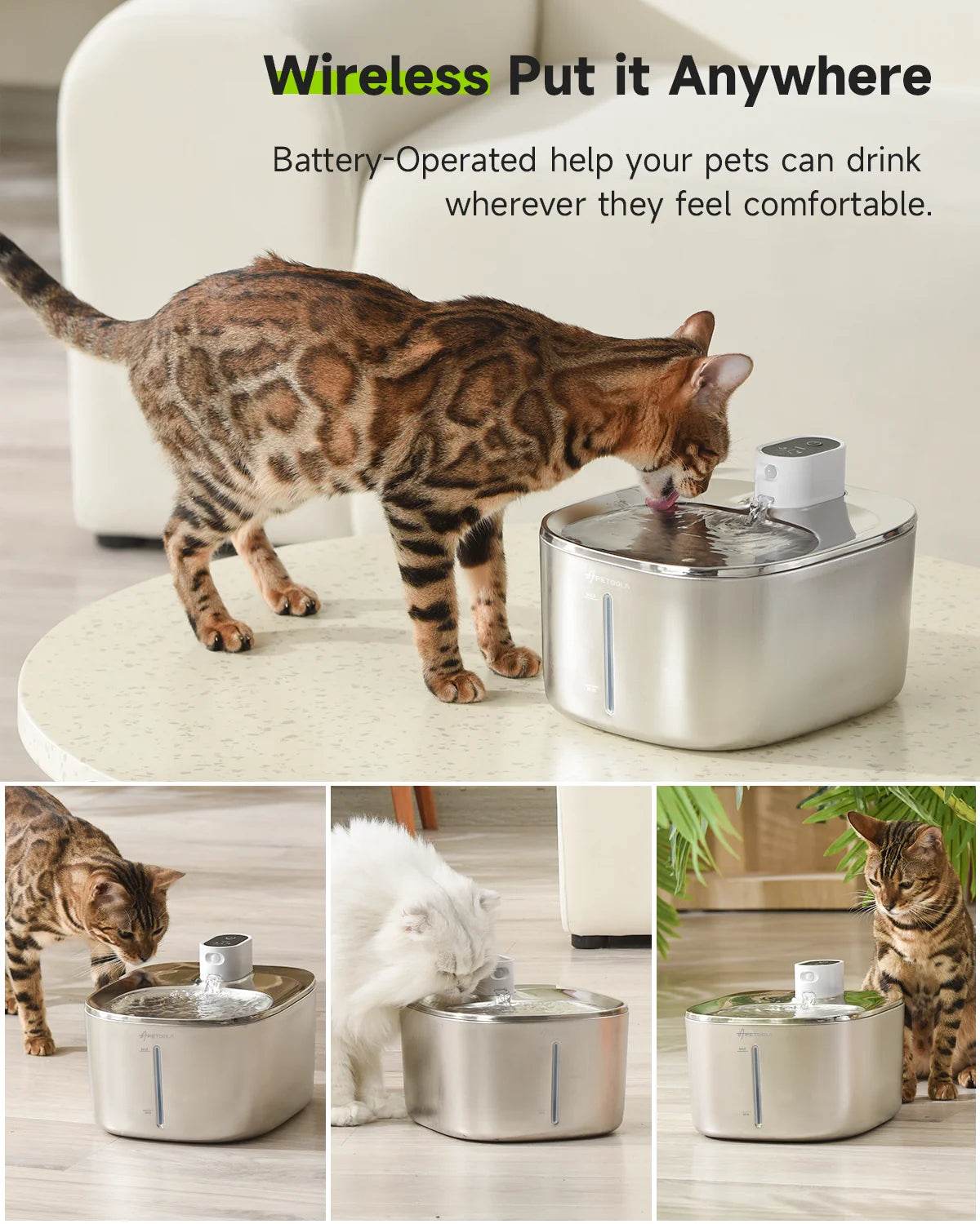 4L Wireless Cat Water Fountain - Auto Sensor Pet Drinking Fountain with Battery | Stainless Steel Cordless Water Dispenser for Dogs & Cats - Tampa Home & Garden Store