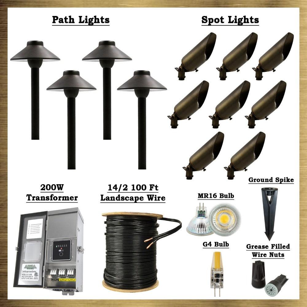 Kit connaisseur LED en laiton foncé : (8) spots SPB04, (4) éclairages de chemin PLB02