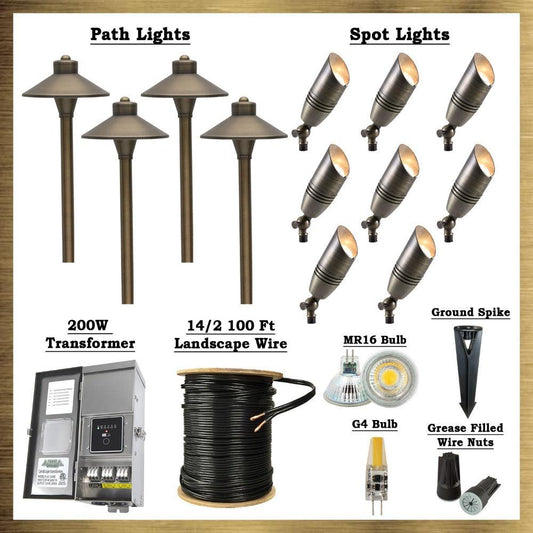 Kit Connoisseur LED de latón natural: (8) focos SPB06, (4) luces de camino PLB03