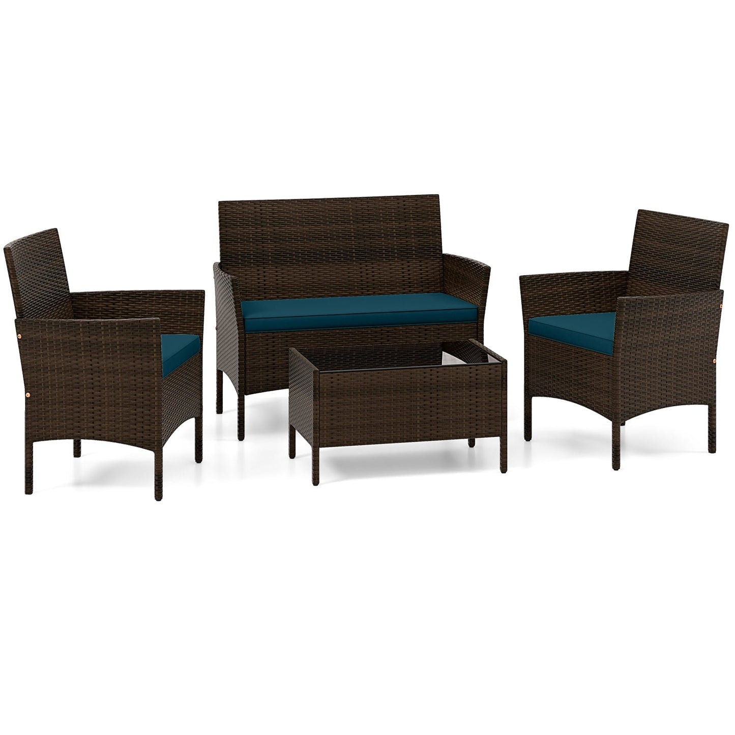 4 Piece Patio Rattan Conversation Set with Cozy Seat Cushions-Beige