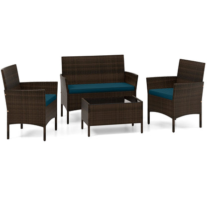 4 Piece Patio Rattan Conversation Set with Cozy Seat Cushions-Beige
