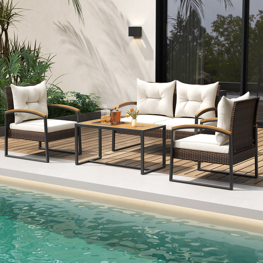 4 Pieces Patio Conversation Set with Acacia Wood Armrests and Tabletop and Cushions-White - Tampa Home & Garden Store