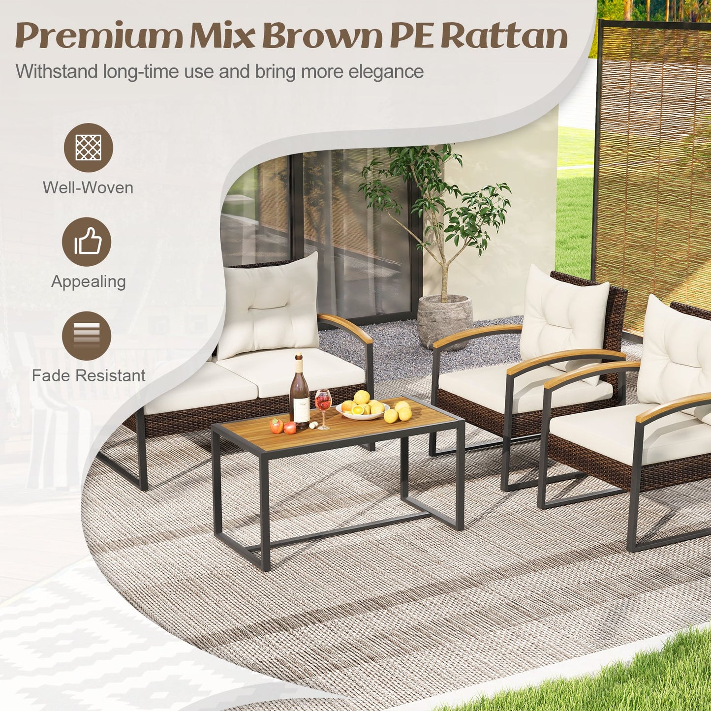 Juego de conversación de patio de 4 piezas con reposabrazos y tablero de mesa de madera de acacia y cojines - Blanco