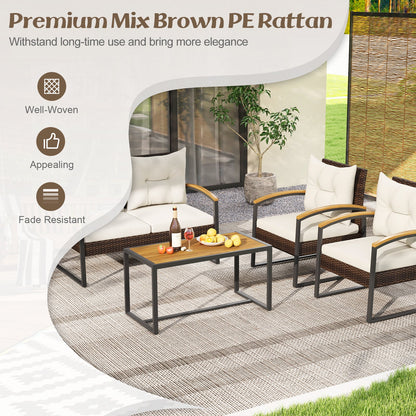 Juego de conversación de patio de 4 piezas con reposabrazos y tablero de mesa de madera de acacia y cojines - Blanco