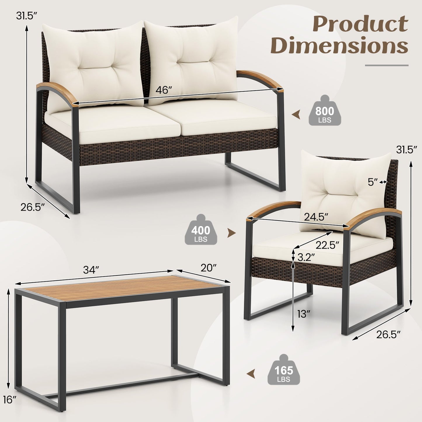 Juego de conversación de patio de 4 piezas con reposabrazos y tablero de mesa de madera de acacia y cojines - Blanco